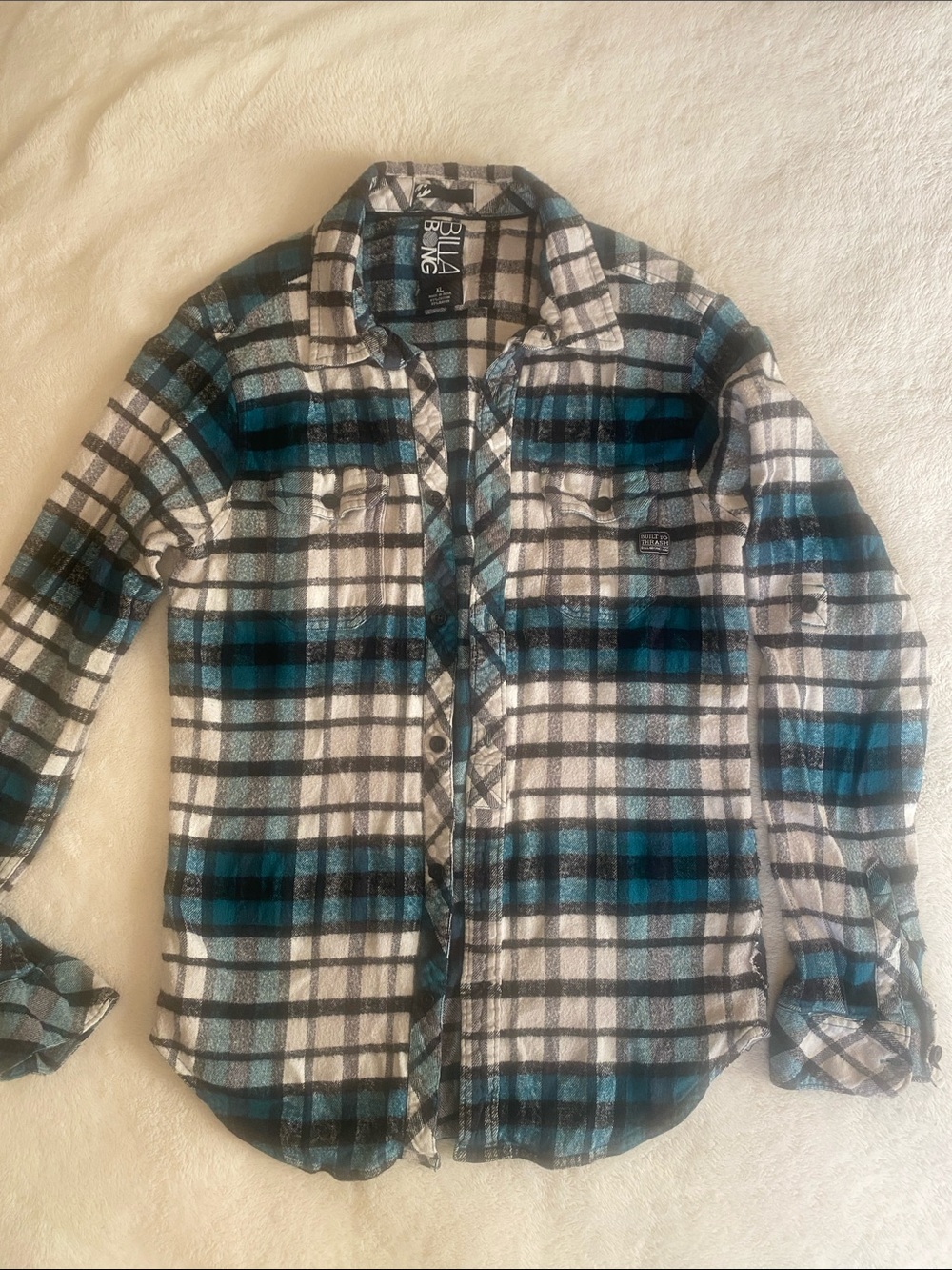 Billabong Men's Teal, Black & White Plaid Flannel Shirt
